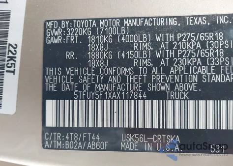 2010 Toyota Tundra Grade 5.7L V8 z USA, uszkodzony, nr VIN 5TFUY5F1XAX117844